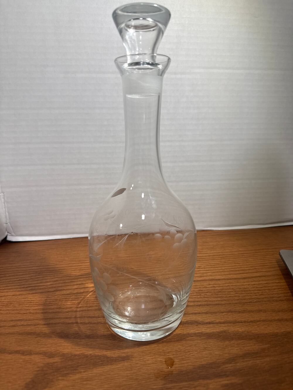 Vintage Etched Floral Glass Liquor Decanter Carafe With Stopper 11"